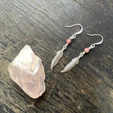 Pink Feather Charm Earrings ~ Silver
