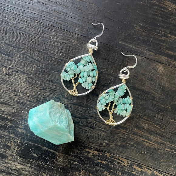 Amazonite Tree of Life Earrings ~ Silver/Gold