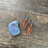 Dark Brown & Blue Acrylic Leaf Charm Earrings ~ Copper