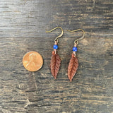 Dark Brown & Blue Acrylic Leaf Charm Earrings ~ Copper