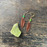 Dark Brown & Green Acrylic Leaf Charm Earrings ~ Copper