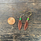 Dark Brown & Green Acrylic Leaf Charm Earrings ~ Copper