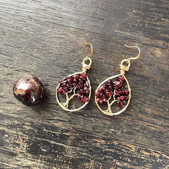 Garnet Tree of Life Earrings ~ Gold