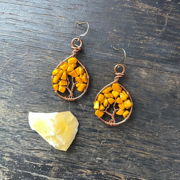 Golden Calcite Tree of Life Earrings ~ Copper