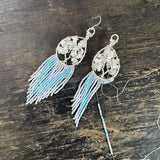 Rainbow Moonstone Tree of Life Fringe Earrings ~ Silver