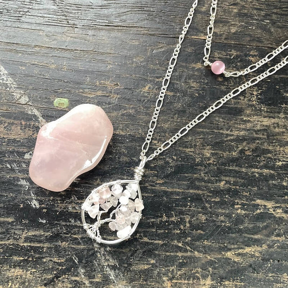 Rose Quartz Tree of Life Layer Necklace ~ Silver