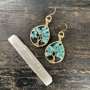 Apatite Tree of Life Earrings ~ Gold