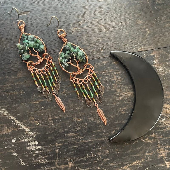 Emerald Tree of Life Dangle Earrings ~ Copper